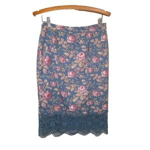 Free People Pencil Skirt Rose Pink Floral Heavy Lace Blue Slit Women's Size 6‎